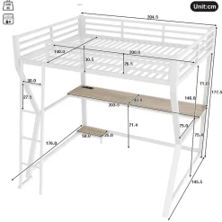 Lit mezzanine 140x200 cm déco avec bureau intégré, prises USB et LED, escalier sécurisé, métal+MDF blanc, sans matelas><noscript><img width=