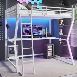 Lit mezzanine 140x200 cm déco avec bureau intégré, prises USB et LED, escalier sécurisé, métal+MDF blanc, sans matelas><noscript><img width=