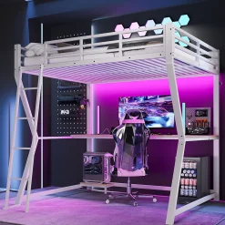 Lit mezzanine 140x200 cm déco avec bureau intégré, prises USB et LED, escalier sécurisé, métal+MDF blanc, sans matelas><noscript><img width=