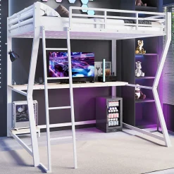 Lit mezzanine 140x200 cm déco avec bureau intégré, prises USB et LED, escalier sécurisé, métal+MDF blanc, sans matelas><noscript><img width=