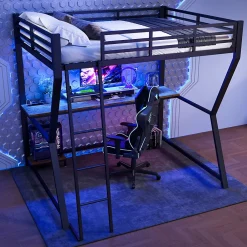 Lit mezzanine 140x200 cm déco avec bureau intégré, prises USB et LED, escalier sécurisé, métal+MDF noir, sans matelas>Okwish Best