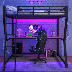 Lit mezzanine 140x200 cm déco avec bureau intégré, prises USB et LED, escalier sécurisé, métal+MDF noir, sans matelas>Okwish Best