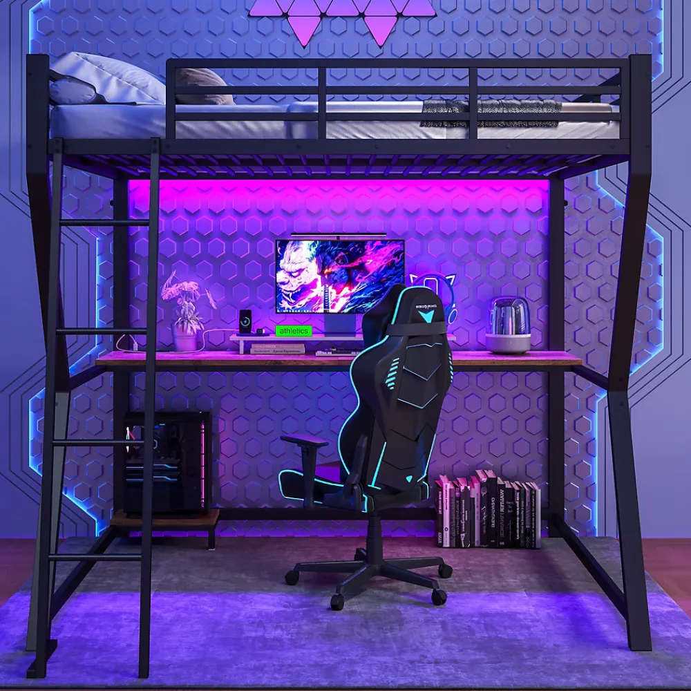 Lit mezzanine 140x200 cm déco avec bureau intégré, prises USB et LED, escalier sécurisé, métal+MDF noir, sans matelas>Okwish Best