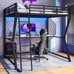 Lit mezzanine 140x200 cm déco avec bureau intégré, prises USB et LED, escalier sécurisé, métal+MDF noir, sans matelas><noscript><img width=