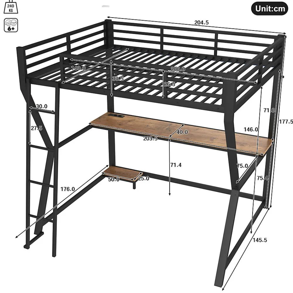 Lit mezzanine 140x200 cm déco avec bureau intégré, prises USB et LED, escalier sécurisé, métal+MDF noir, sans matelas>Okwish Best