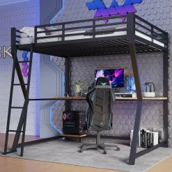 Lit mezzanine 140x200 cm déco avec bureau intégré, prises USB et LED, escalier sécurisé, métal+MDF noir, sans matelas><noscript><img width=