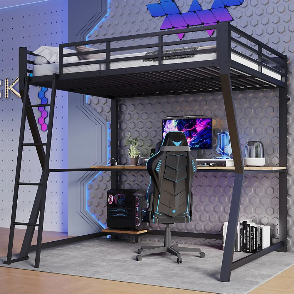 Lit mezzanine 140x200 cm déco avec bureau intégré, prises USB et LED, escalier sécurisé, métal+MDF noir, sans matelas>Okwish Best