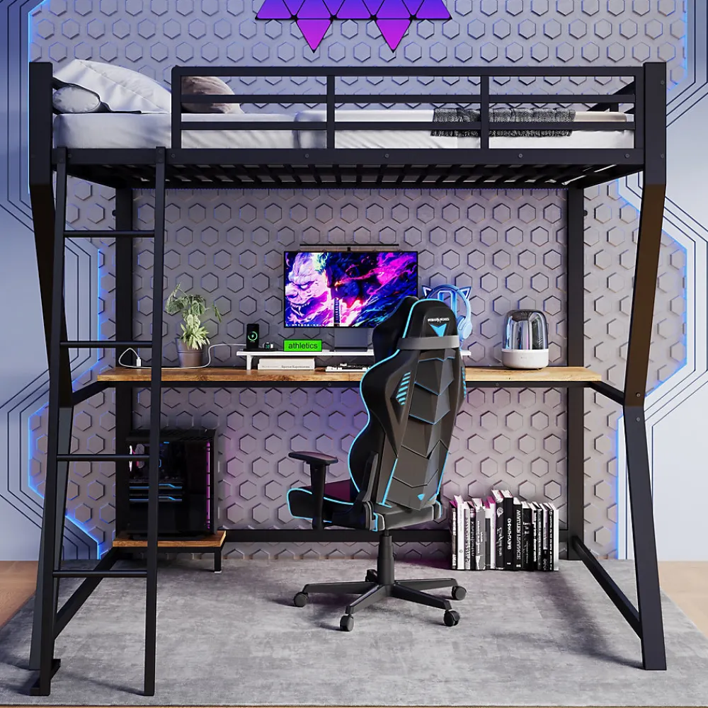 Lit mezzanine 140x200 cm déco avec bureau intégré, prises USB et LED, escalier sécurisé, métal+MDF noir, sans matelas>Okwish Best