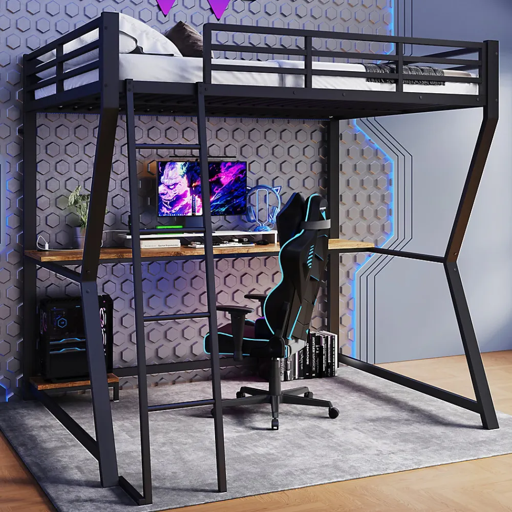 Lit mezzanine 140x200 cm déco avec bureau intégré, prises USB et LED, escalier sécurisé, métal+MDF noir, sans matelas>Okwish Best