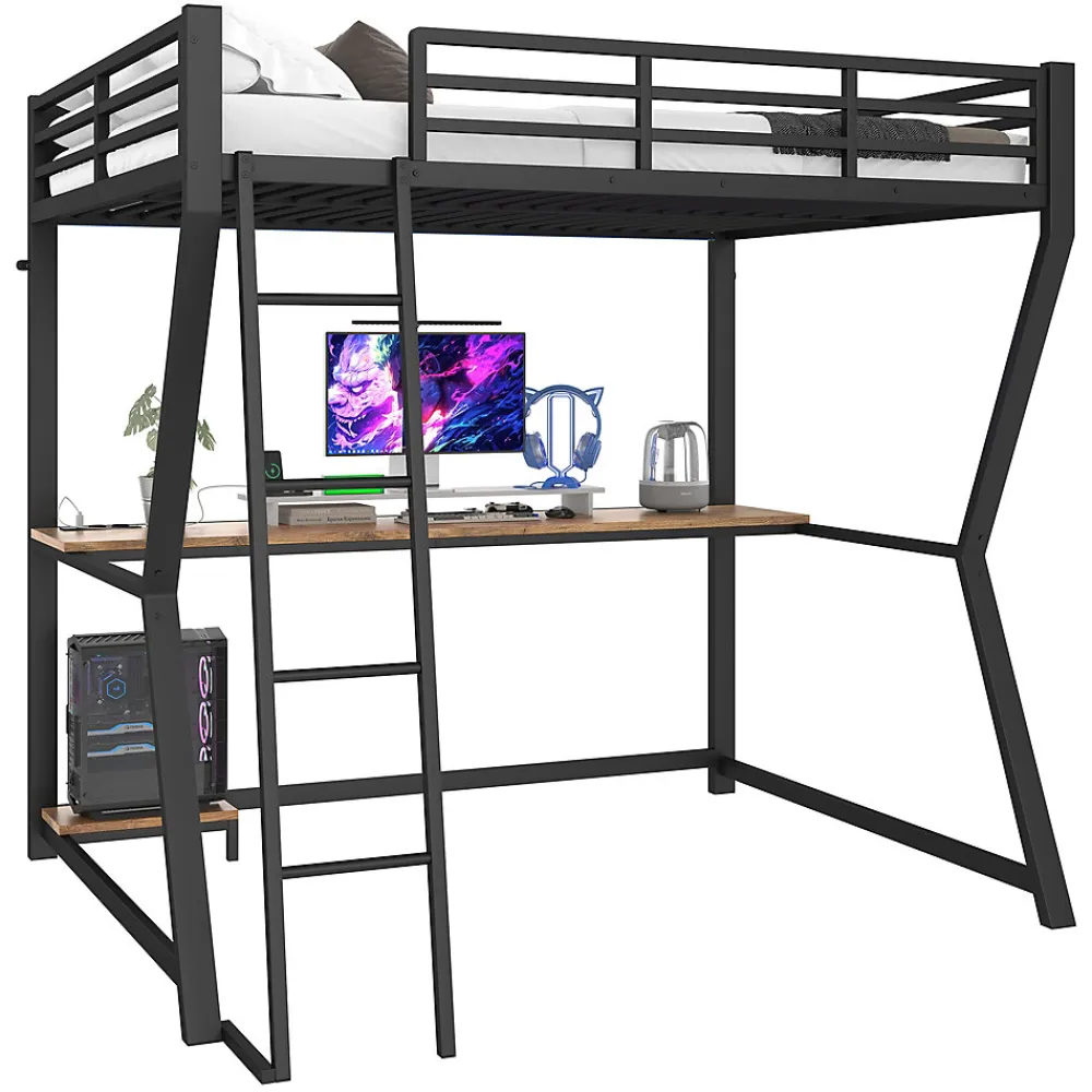 Lit mezzanine 140x200 cm déco avec bureau intégré, prises USB et LED, escalier sécurisé, métal+MDF noir, sans matelas>Okwish Best