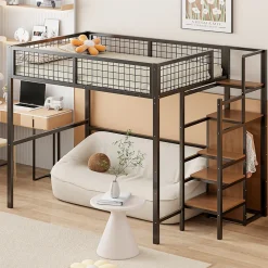 Lit mezzanine 140x200 cm double avec rangement et échelle de sécurité, structure métal et MDF noir, montage inclus, sans matelas>Okwish New