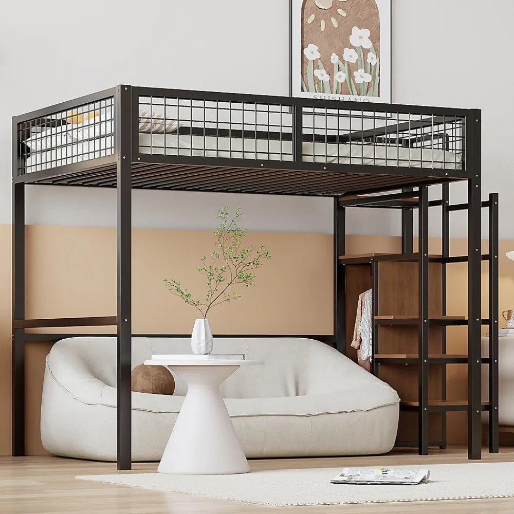 Lit mezzanine 140x200 cm double avec rangement et échelle de sécurité, structure métal et MDF noir, montage inclus, sans matelas>Okwish New