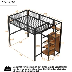 Lit mezzanine 140x200 cm double avec rangement et échelle de sécurité, structure métal et MDF noir, montage inclus, sans matelas><noscript><img width=
