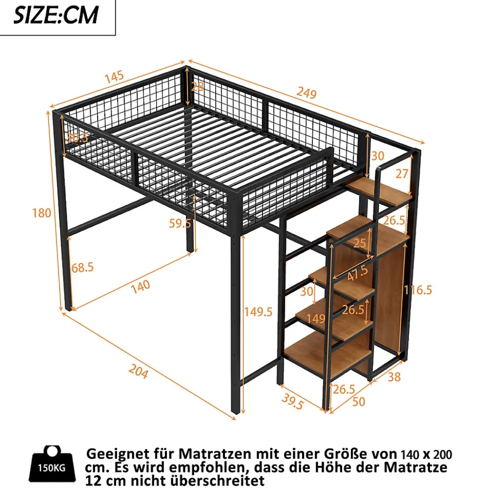 Lit mezzanine 140x200 cm double avec rangement et échelle de sécurité, structure métal et MDF noir, montage inclus, sans matelas>Okwish New