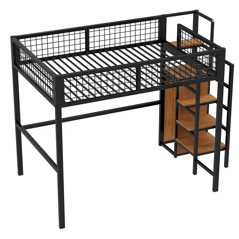 Lit mezzanine 140x200 cm double avec rangement et échelle de sécurité, structure métal et MDF noir, montage inclus, sans matelas>Okwish New