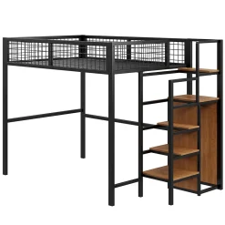 Lit mezzanine 140x200 cm double avec rangement et échelle de sécurité, structure métal et MDF noir, montage inclus, sans matelas><noscript><img width=