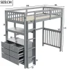 Aapaas Lit mezzanine 90x200 cm en bois de pin gris avec échelle verticale tiroirs étagères et sommier à lattes*Enfant Lit Enfant