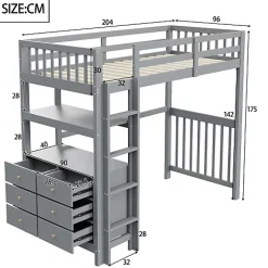 Aapaas Lit mezzanine 90x200 cm en bois de pin gris avec échelle verticale tiroirs étagères et sommier à lattes*Enfant Lit Enfant