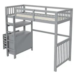 Aapaas Lit mezzanine 90x200 cm en bois de pin gris avec échelle verticale tiroirs étagères et sommier à lattes*Enfant Lit Enfant