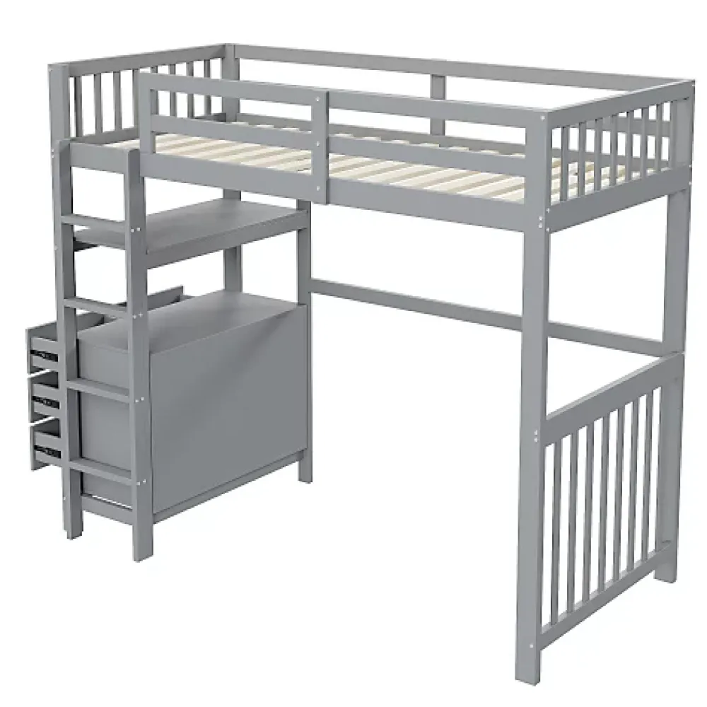 Aapaas Lit mezzanine 90x200 cm en bois de pin gris avec échelle verticale tiroirs étagères et sommier à lattes*Enfant Lit Enfant