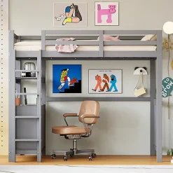 Aapaas Lit mezzanine 90x200 cm en bois de pin gris avec échelle verticale tiroirs étagères et sommier à lattes*Enfant Lit Enfant