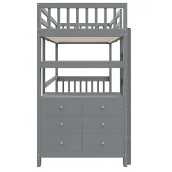 Aapaas Lit mezzanine 90x200 cm en bois de pin gris avec échelle verticale tiroirs étagères et sommier à lattes*Enfant Lit Enfant