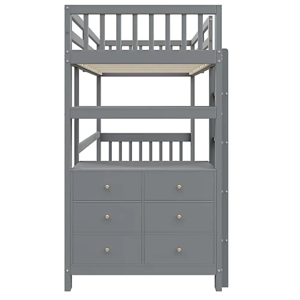 Aapaas Lit mezzanine 90x200 cm en bois de pin gris avec échelle verticale tiroirs étagères et sommier à lattes*Enfant Lit Enfant