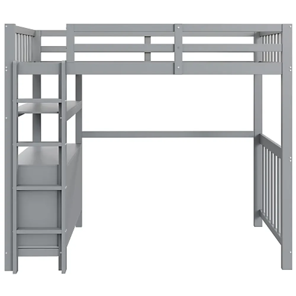 Aapaas Lit mezzanine 90x200 cm en bois de pin gris avec échelle verticale tiroirs étagères et sommier à lattes*Enfant Lit Enfant