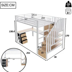 ModernLuxe Lit mezzanine 90x200 cm en fer - Compartiments de rangement - 4 tiroirs - LED - Bureau et escalier - Blanc (sans matelas)* Lit Mezzanine