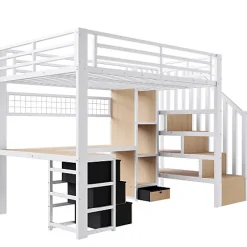 ModernLuxe Lit mezzanine 90x200 cm en fer - Compartiments de rangement - 4 tiroirs - LED - Bureau et escalier - Blanc (sans matelas)* Lit Mezzanine