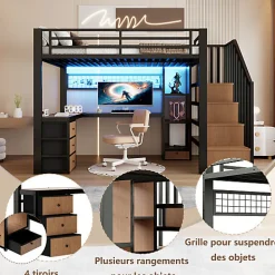 Lit mezzanine 90x200 cm en fer - Compartiments de rangement - 4 tiroirs - LED - Bureau et escalier - Noir (sans matelas)><noscript><img width=