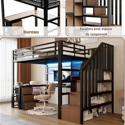 Lit mezzanine 90x200 cm en fer - Compartiments de rangement - 4 tiroirs - LED - Bureau et escalier - Noir (sans matelas)><noscript><img width=