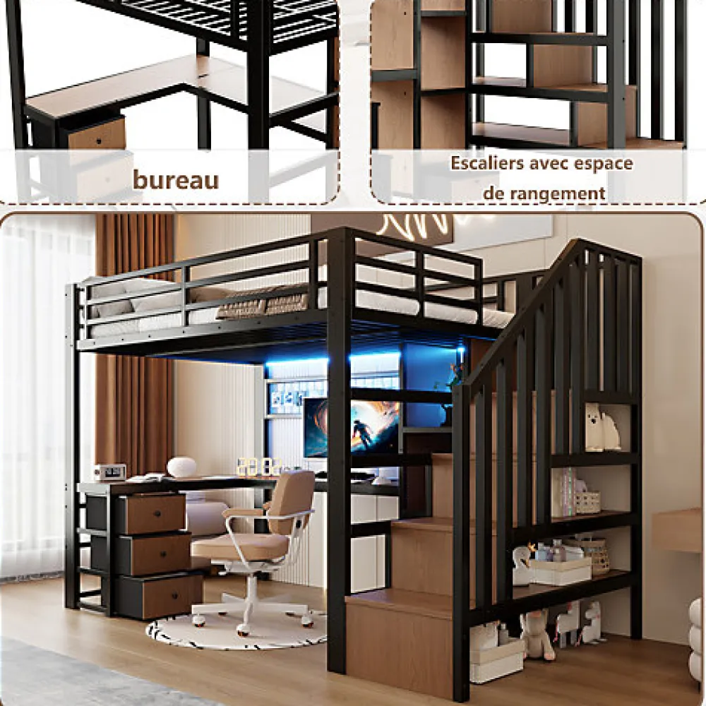 Lit mezzanine 90x200 cm en fer - Compartiments de rangement - 4 tiroirs - LED - Bureau et escalier - Noir (sans matelas)>ModernLuxe Online