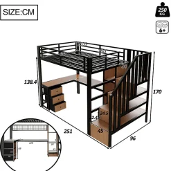 Lit mezzanine 90x200 cm en fer - Compartiments de rangement - 4 tiroirs - LED - Bureau et escalier - Noir (sans matelas)><noscript><img width=