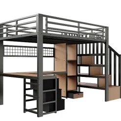 Lit mezzanine 90x200 cm en fer - Compartiments de rangement - 4 tiroirs - LED - Bureau et escalier - Noir (sans matelas)><noscript><img width=