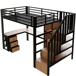 Lit mezzanine 90x200 cm en fer - Compartiments de rangement - 4 tiroirs - LED - Bureau et escalier - Noir (sans matelas)><noscript><img width=