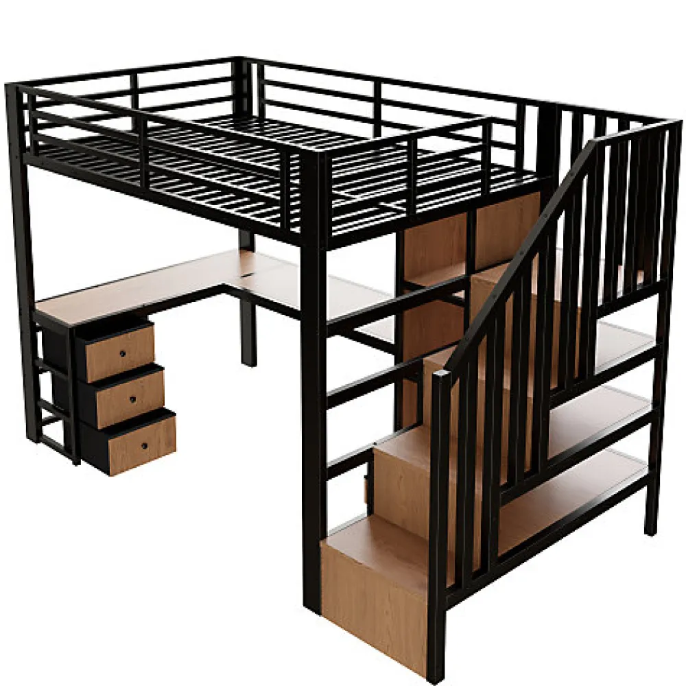 Lit mezzanine 90x200 cm en fer - Compartiments de rangement - 4 tiroirs - LED - Bureau et escalier - Noir (sans matelas)>ModernLuxe Online