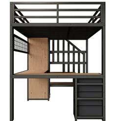 Lit mezzanine 90x200 cm en fer - Compartiments de rangement - 4 tiroirs - LED - Bureau et escalier - Noir (sans matelas)><noscript><img width=