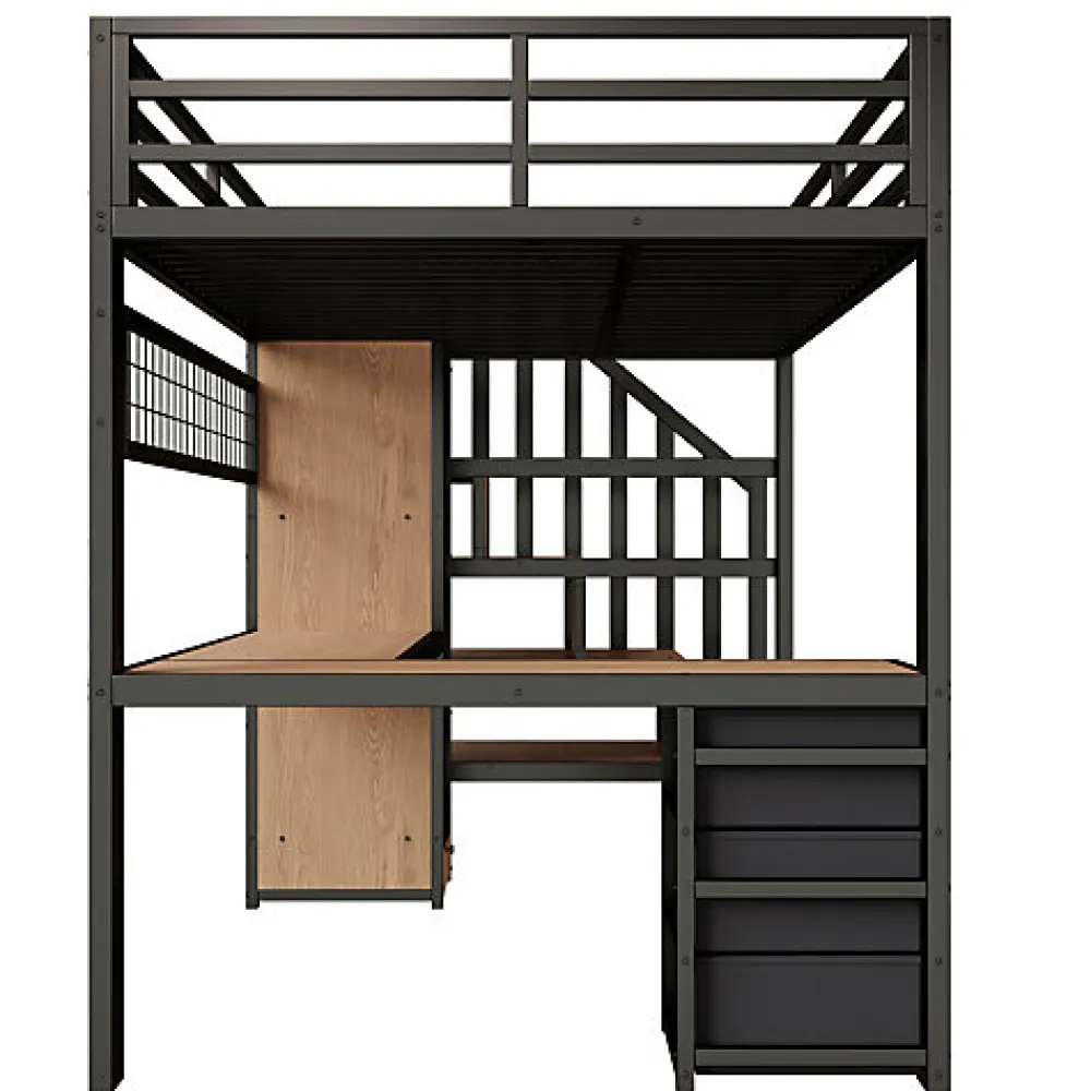 Lit mezzanine 90x200 cm en fer - Compartiments de rangement - 4 tiroirs - LED - Bureau et escalier - Noir (sans matelas)>ModernLuxe Online