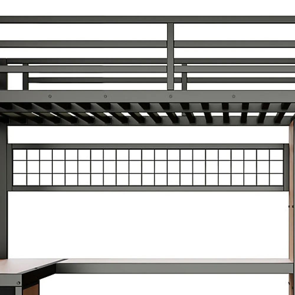 Lit mezzanine 90x200 cm en fer - Compartiments de rangement - 4 tiroirs - LED - Bureau et escalier - Noir (sans matelas)>ModernLuxe Online