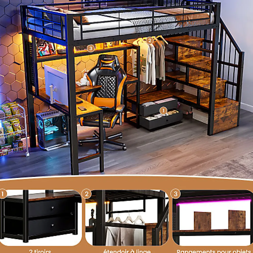 Lit mezzanine 90x200 cm en fer - 2 tiroirs - Tringle à vêtements - Éclairage LED - Bureau - Noir (matelas non inclus)>ModernLuxe Outlet
