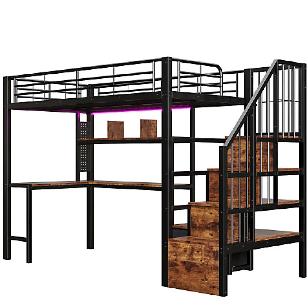 Lit mezzanine 90x200 cm en fer - 2 tiroirs - Tringle à vêtements - Éclairage LED - Bureau - Noir (matelas non inclus)>ModernLuxe Outlet