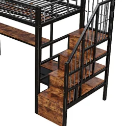 Lit mezzanine 90x200 cm en fer - 2 tiroirs - Tringle à vêtements - Éclairage LED - Bureau - Noir (matelas non inclus)><noscript><img width=