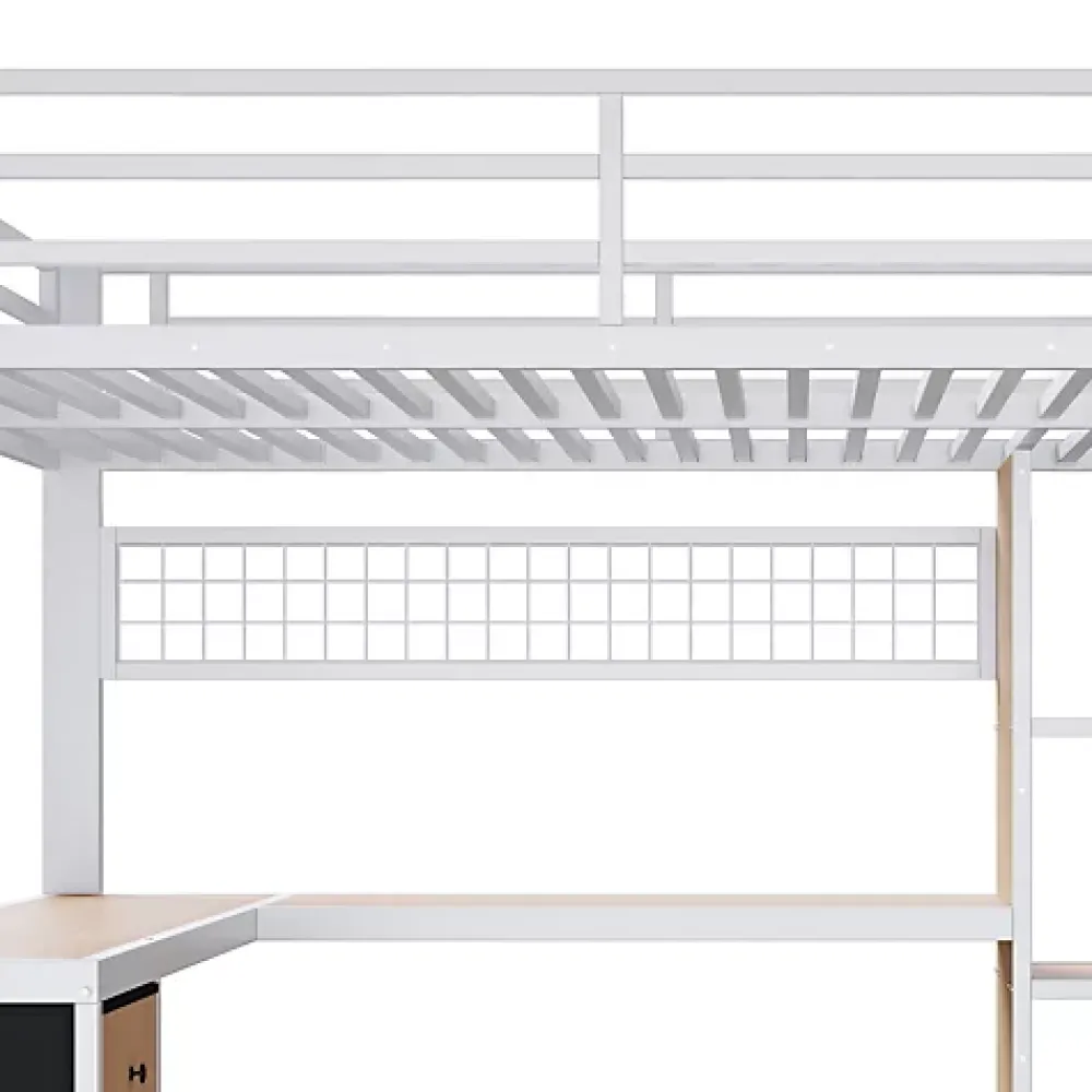 ModernLuxe Lit mezzanine 140x200 cm en fer - Compartiments de rangement - 4 tiroirs - LED - Bureau et escalier - Blanc (sans matelas)* Lit Mezzanine