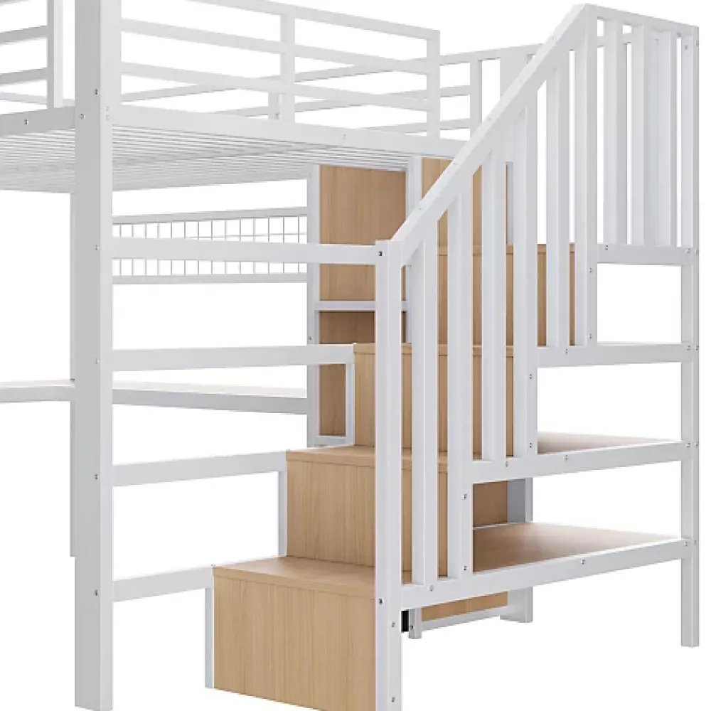 ModernLuxe Lit mezzanine 140x200 cm en fer - Compartiments de rangement - 4 tiroirs - LED - Bureau et escalier - Blanc (sans matelas)* Lit Mezzanine