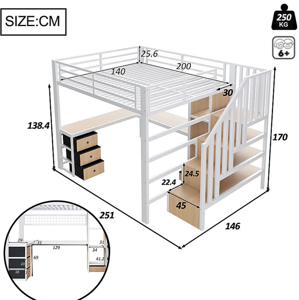 ModernLuxe Lit mezzanine 140x200 cm en fer - Compartiments de rangement - 4 tiroirs - LED - Bureau et escalier - Blanc (sans matelas)* Lit Mezzanine