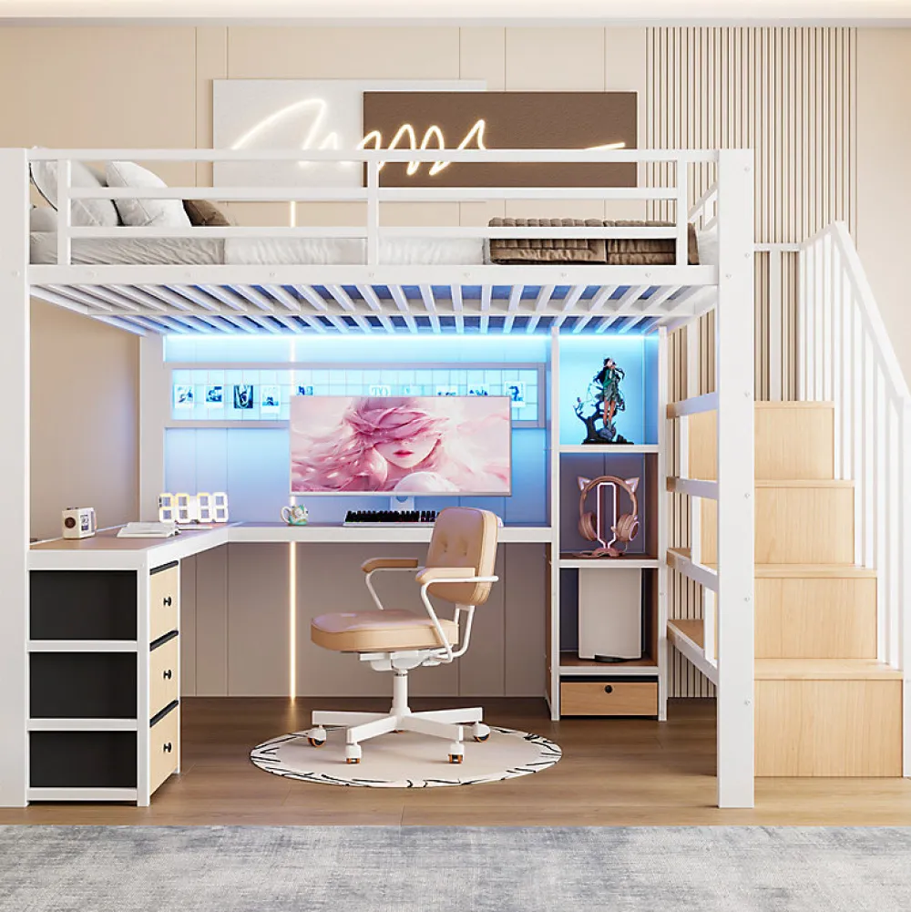 ModernLuxe Lit mezzanine 140x200 cm en fer - Compartiments de rangement - 4 tiroirs - LED - Bureau et escalier - Blanc (sans matelas)* Lit Mezzanine
