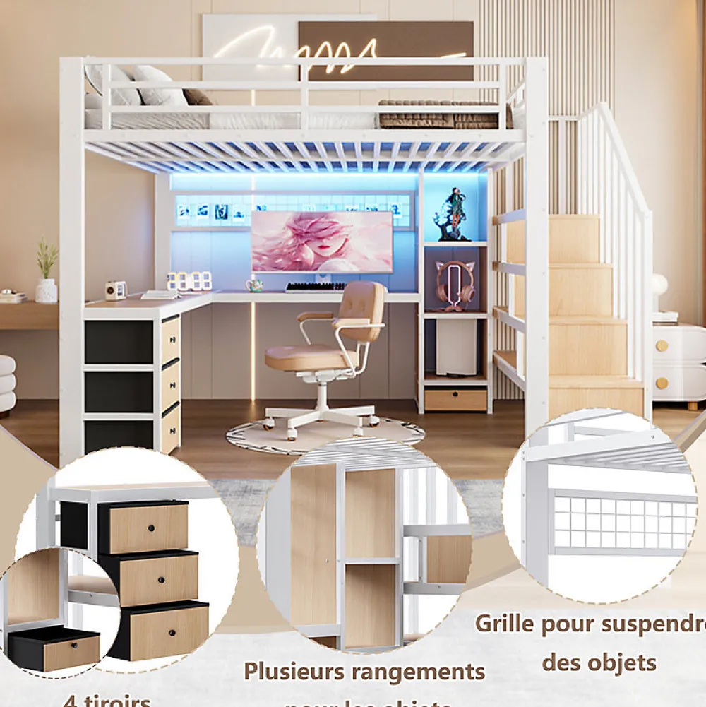 ModernLuxe Lit mezzanine 140x200 cm en fer - Compartiments de rangement - 4 tiroirs - LED - Bureau et escalier - Blanc (sans matelas)* Lit Mezzanine