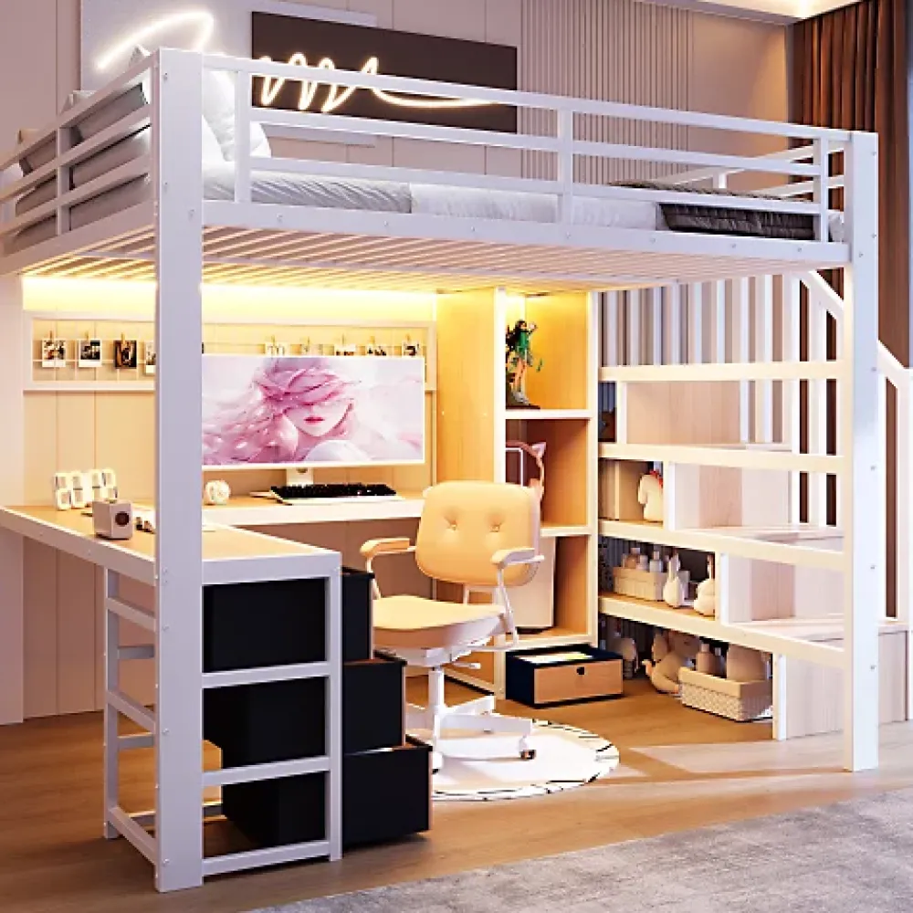 ModernLuxe Lit mezzanine 140x200 cm en fer - Compartiments de rangement - 4 tiroirs - LED - Bureau et escalier - Blanc (sans matelas)* Lit Mezzanine