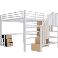 ModernLuxe Lit mezzanine 140x200 cm en fer - Compartiments de rangement - 4 tiroirs - LED - Bureau et escalier - Blanc (sans matelas)* Lit Mezzanine